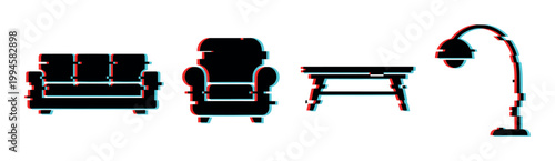 Glitch effect furniture icons including a modern sofa, comfortable armchair, stylish table, and contemporary floor lamp, representing digital home decor.