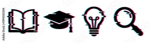 Educational icons with a modern digital glitch effect, symbolizing knowledge, ideas, and research.