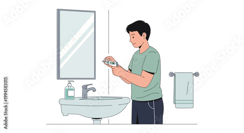 Young Man Brushing Teeth in Bathroom Mirror Morning Routine Hygiene
