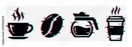 Coffee icons set with digital glitch effect featuring a cup, bean, pot, and disposable mug in a modern style.