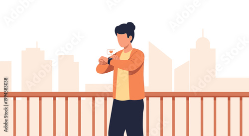 Young man checking smartwatch on city balcony with skyline background
