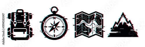 Glitch effect icons of a backpack, compass, map, and mountains representing adventure, travel, and outdoor exploration.