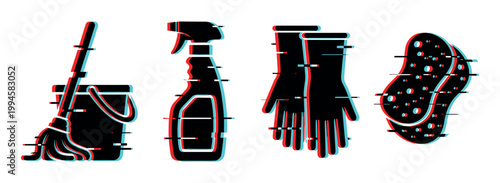 Household cleaning supplies set with mop, bucket, spray bottle, gloves, and sponge in a modern glitch art style.
