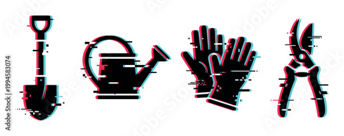 Gardening tools set with shovel, watering can, protective gloves, and pruning shears featuring a modern glitch effect.
