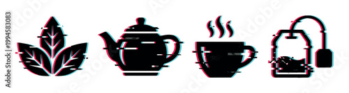 Tea icons with a modern digital glitch effect, including leaves, a teapot, a steaming cup, and a tea bag.