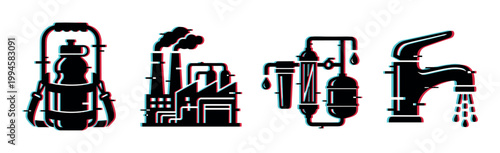 Water bottle, factory, filtration system, and tap icons with modern digital glitch effect representing environmental themes.