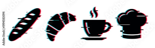Glitch effect bakery and cafe icons with digital distortion, featuring a baguette, croissant, coffee cup, and chef's hat.