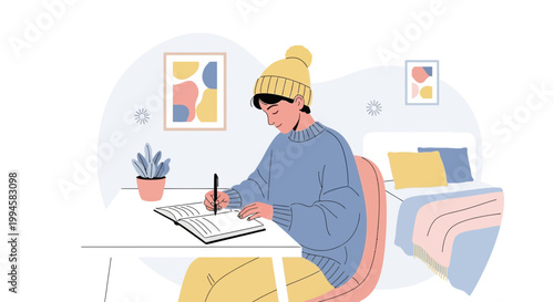 Young person in cozy beanie writing in notebook at desk, bedroom interior, creative work