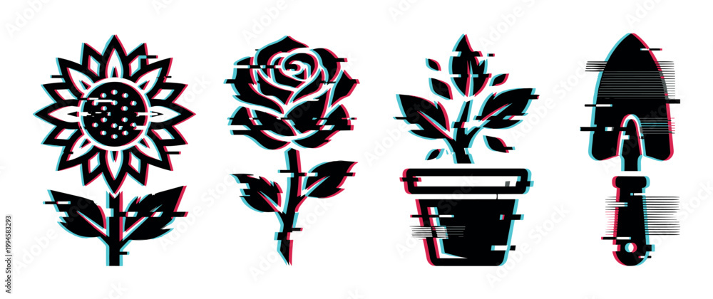 Fototapeta premium Gardening icons with digital glitch effect featuring sunflower, rose, potted plant, and trowel for modern design projects.