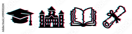 Education icons with glitch effect representing academic achievement, learning, and university studies in a modern digital style.