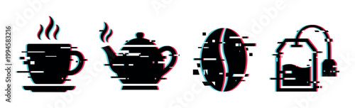 Glitch effect hot beverage icons featuring a steaming cup, teapot, coffee bean, and tea bag with digital distortion.