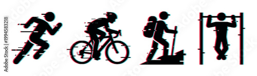 Sports activity icons with glitch effect showing running, cycling, hiking, and pull-ups in a modern digital style.