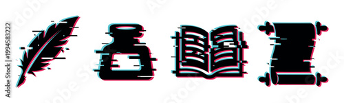 Quill pen, inkwell, book, and scroll icons with a modern glitch effect, representing writing, knowledge, and ancient history in a digital style.