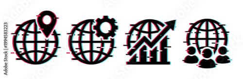 Global business technology community location icons with modern glitch effect for digital concepts and worldwide connections.