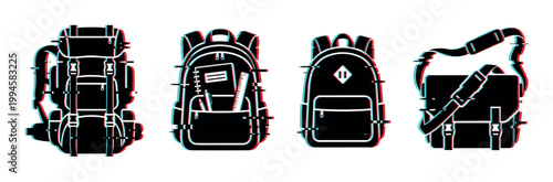 Backpacks and bags vector illustration set with a modern glitch effect, perfect for digital design and educational themes.