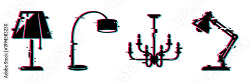 Glitch effect lamps and lighting fixtures vector illustration set, featuring modern and classic designs with digital distortion.