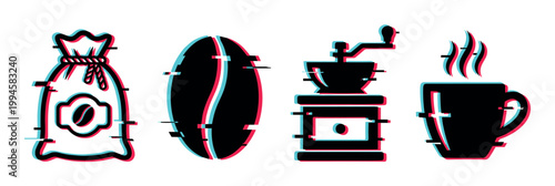 Coffee icons set with glitch effect, featuring a bag, bean, grinder, and steaming cup, representing the coffee making process.