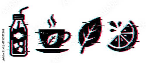 Glitch effect beverage icons featuring a bottle, tea cup, leaf, and lemon slice, representing refreshing drinks and natural ingredients.