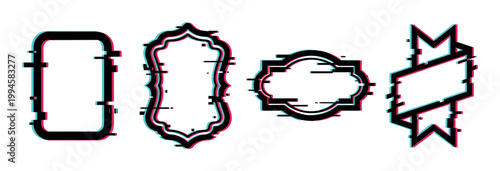 Collection of glitch frames, distorted borders, and digital banners featuring a retro-futuristic error effect for graphic design.