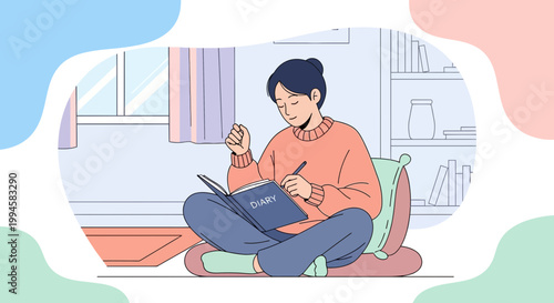 Young woman writing in diary, sitting cross-legged on floor, cozy room, self-reflection