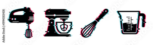 Set of baking kitchen tools, including hand mixer, stand mixer, whisk, and measuring cup, featuring a modern glitch effect.