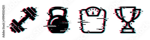 Dumbbell, kettlebell, weighing scale, and trophy icons with a modern digital glitch effect representing fitness and achievement