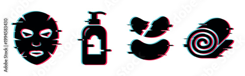 Skincare products with a modern digital glitch effect, including a face mask, pump bottle, eye patches, and snail, representing contemporary beauty trends.