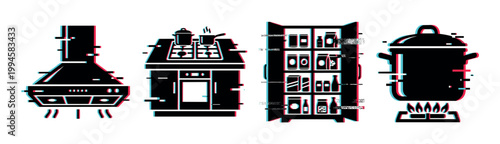 Kitchen appliances and cooking equipment icons with modern glitch effect, representing home cooking, food preparation, and storage.