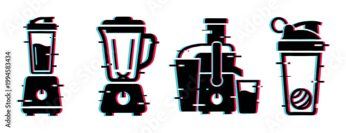 Kitchen appliances and drink containers with glitch effect, including a blender, juicer, and shaker bottles, representing healthy lifestyle and nutrition.