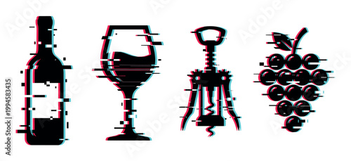 Glitch effect wine bottle, glass, corkscrew, and grapes vector icons with digital distortion for modern beverage concepts and designs.