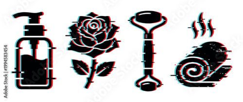 Beauty and spa icons with glitch effect, including a pump bottle, rose, facial roller, and hot towel, representing modern wellness.