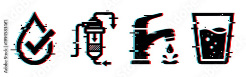 Set of water purification and consumption icons with a modern glitch effect, representing clean drinking water and filtration systems.