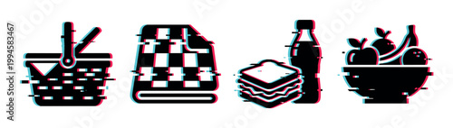 Glitch art style vector illustration of essential picnic elements including a basket, checkered blanket, sandwiches, beverage, and fresh fruit.