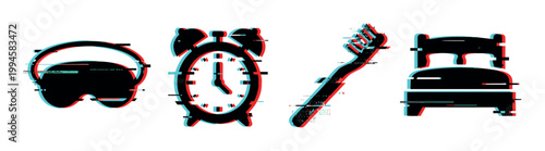 Sleep mask, alarm clock, toothbrush, and bed icons with a modern digital glitch effect representing daily morning routines and sleep habits.