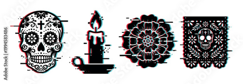 Decorated sugar skull, burning candle, marigold flower, and papel picado with a modern glitch effect for Day of the Dead celebration.