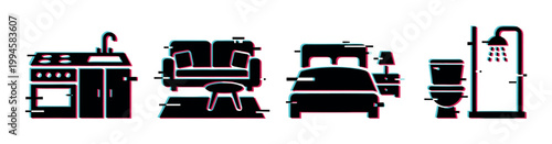 Household furniture and home appliance icons with a modern digital glitch effect representing various room types and domestic living.