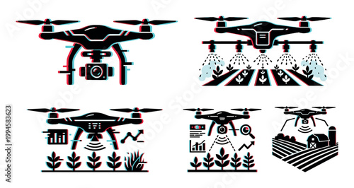 Modern agriculture drones with glitch effect icons illustrating smart farming, crop monitoring, and precision spraying.
