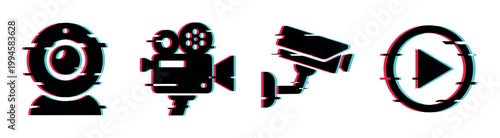 Digital video recording and playback icons with a modern glitch effect, representing technology, surveillance, and entertainment concepts in a graphic style.