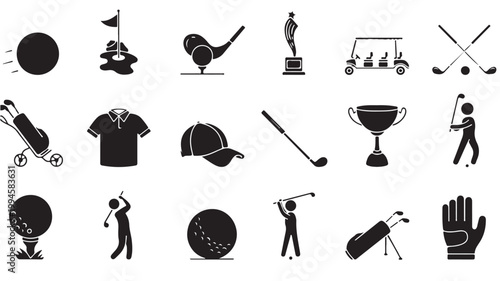 Golf icon set with 18 black vector silhouettes, professional golf equipment and player symbols, minimalist sports icons for tournament branding