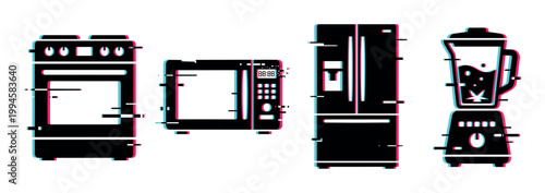 Kitchen appliances set with digital glitch effect featuring a stove, microwave, refrigerator, and blender in a modern flat style.