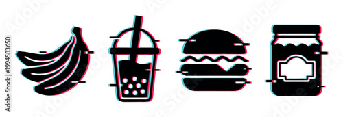 Glitch effect food icons featuring bananas, bubble tea, hamburger, and jam jar in a modern digital style.