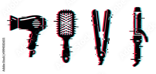 Hair styling tools with glitch effect, including a hairdryer, brush, straightener, and curling iron, representing digital art and modern beauty.