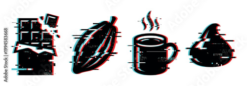 Glitch art illustration of chocolate bar, cacao pod, steaming coffee cup, and chocolate drop with retro digital distortion effect.
