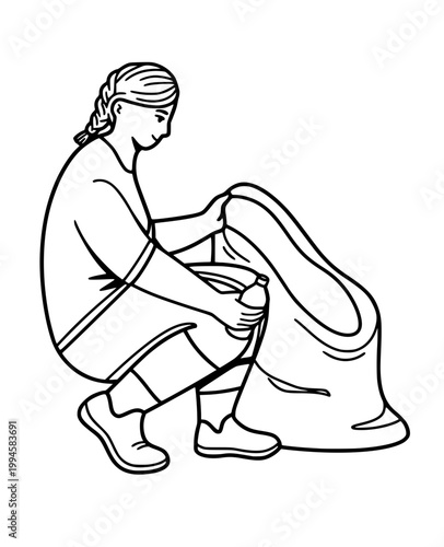 Young Woman Squatting and Picking Up Plastic Waste in Bag, Female Volunteer Collecting Garbage for Environmental Protection, Outdoor Cleanup Action Line Art Illustration