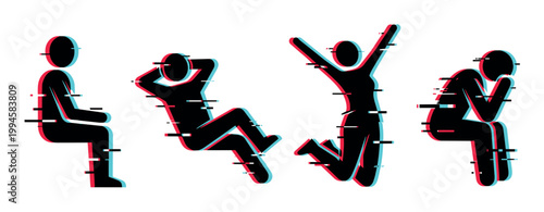 Glitch effect human figures displaying various emotions and actions like sitting, relaxing, jumping, and feeling sad, with digital distortion.