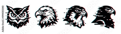 Stylized owl and eagle heads with digital glitch effect, representing power, speed, and wisdom in a modern graphic design.