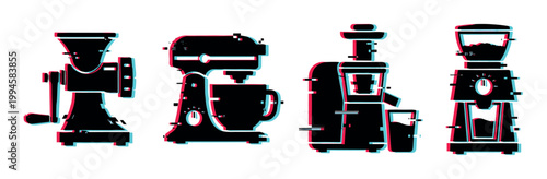 Kitchen appliances vector icons with glitch effect, including a grinder, mixer, juicer, and coffee grinder, representing digital distortion.