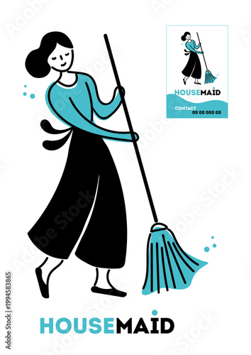 Modern logotype for a housemaid, cleaning lady with a mop. Stylised logo. Cleaning service. Vector illustration