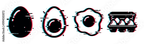 Eggs, fried egg, egg carton, and half egg icons with a modern digital glitch effect, representing food and cooking concepts.