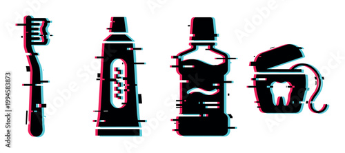Dental hygiene items with glitch effect, including toothbrush, toothpaste, mouthwash, and dental floss, representing modern oral care.